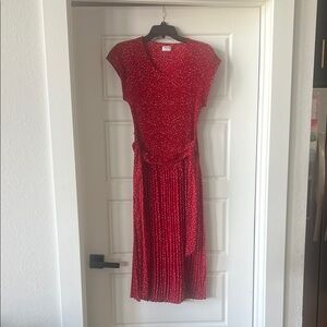 Cap-Sleeve Red Midi Wrap Dress with Pleated Skirt